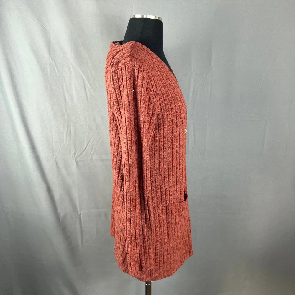 Double Take Cardigan Sweater Womens S Brick Red Ribbed Texture Dual Patch Pocket